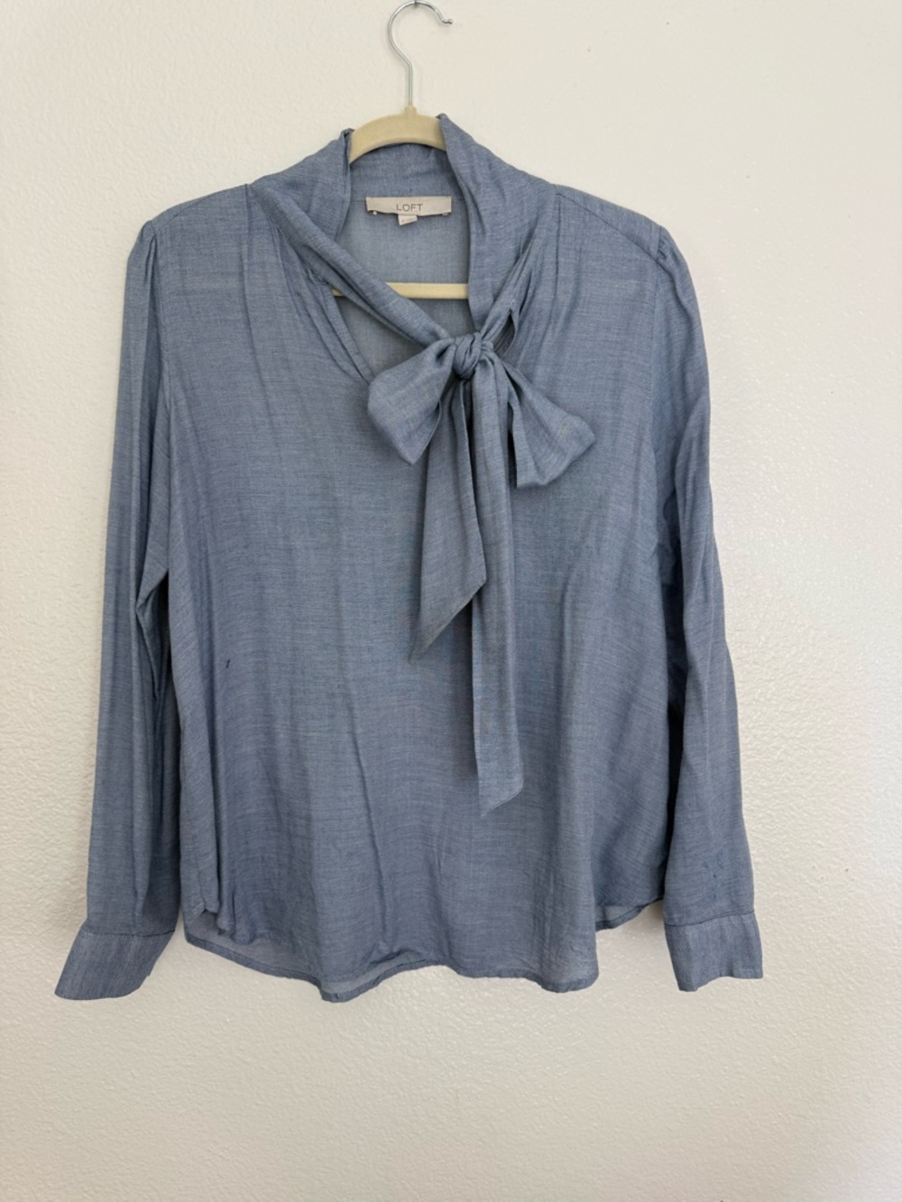 LOFT Light Blue Tie-Neck Long Sleeve Blouse